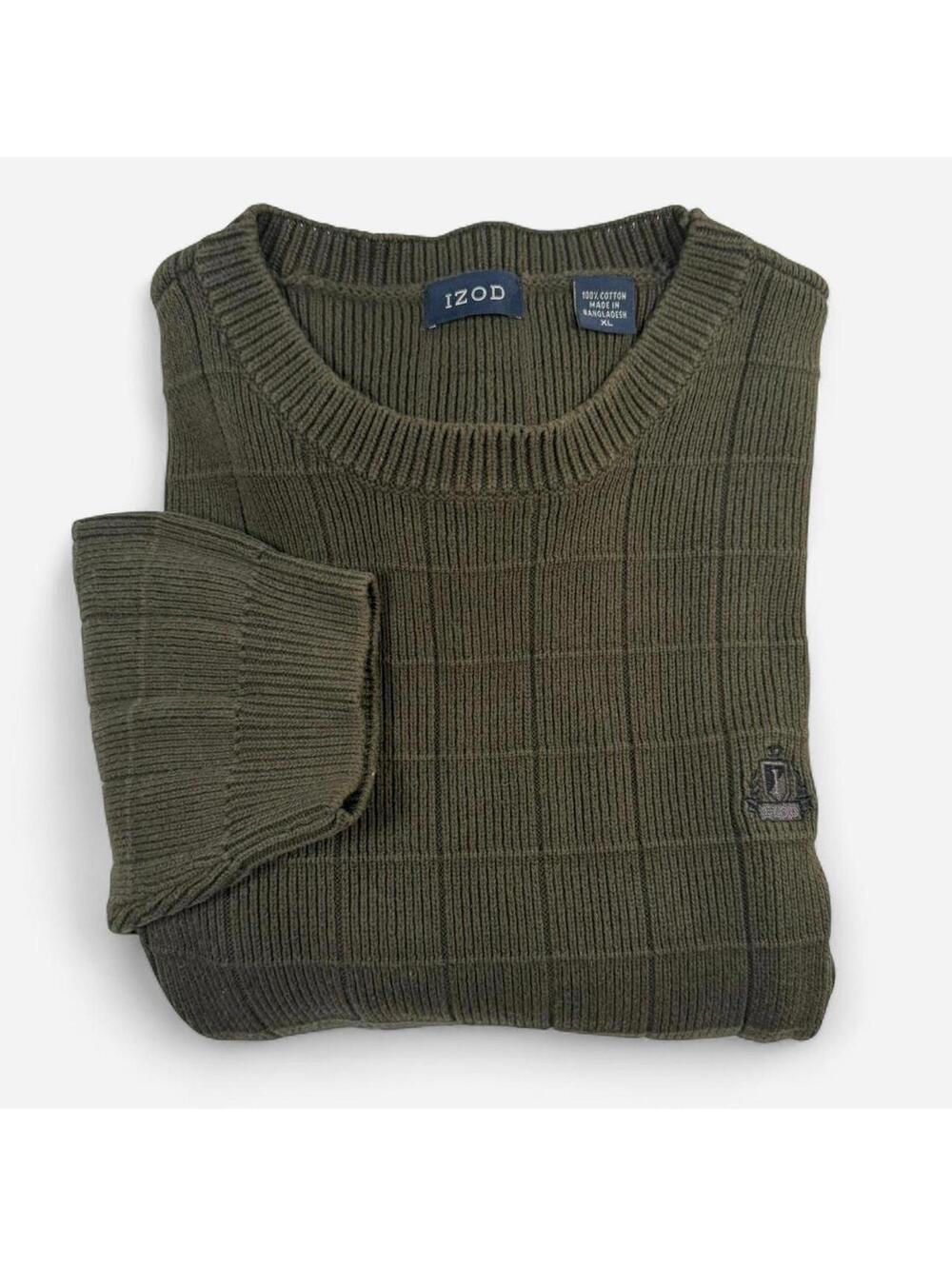 IZOD Crewneck Sweater Men’s XL Olive Green Ribbed Checkered Cotton Knit